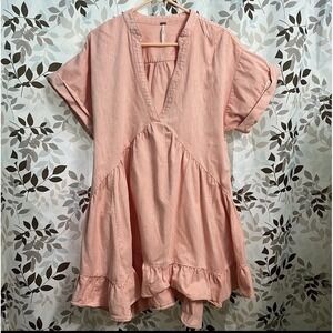 Free People Women's Small Peach Agnes Denim Dress Pleated Tier Small